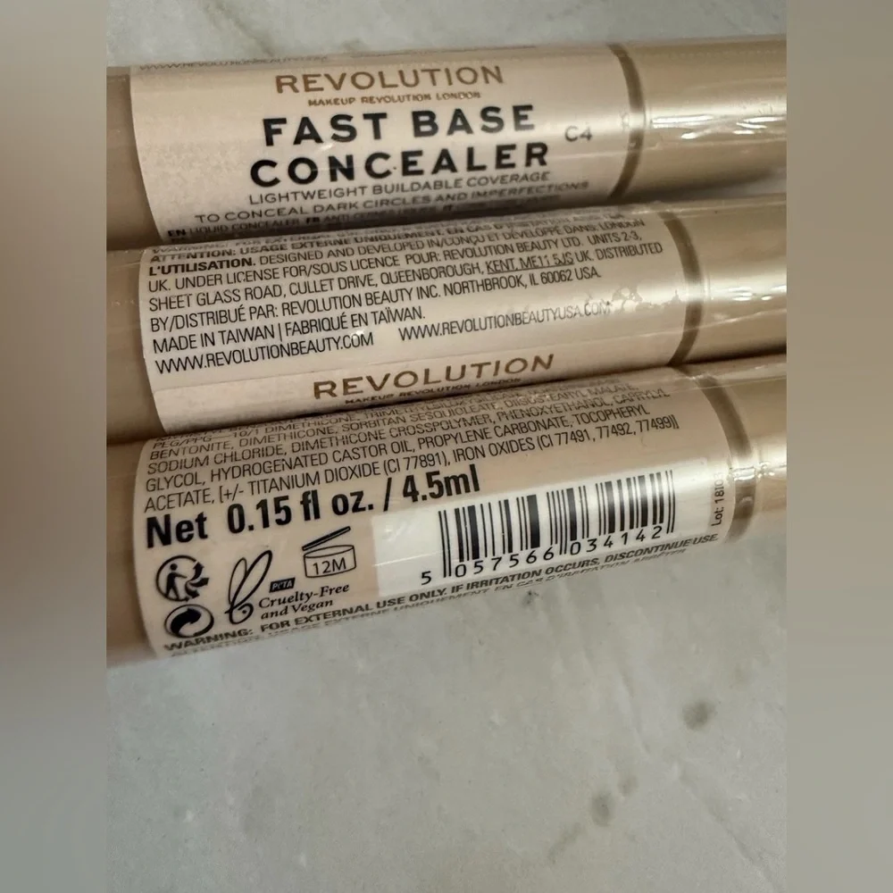 3 PC Makeup Revolution Beauty Fast Base Concealer Shade C4 Light Pink Undertones